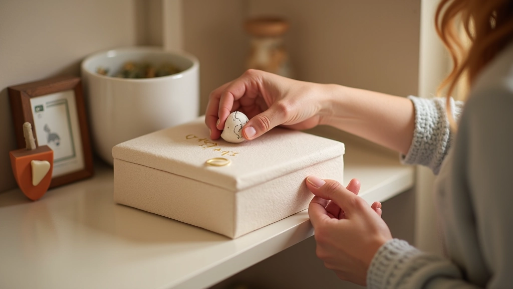 Parent's hand carefully placing a memory item into a fabric-lined keepsake box on a bedroom shelf