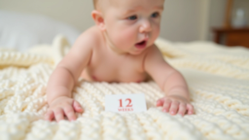 Baby lying on soft knitted blanket with milestone marker visible, natural window lighting from the side