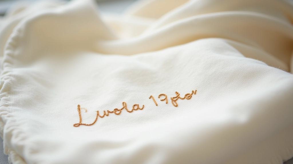 Close-up of personalized embroidery on cream linen fabric showing name and date in neat stitching