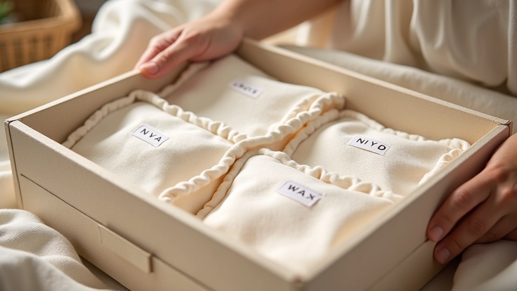 Close-up of keepsake box interior with labeled memory pockets and soft dividers, showing organized storage sections