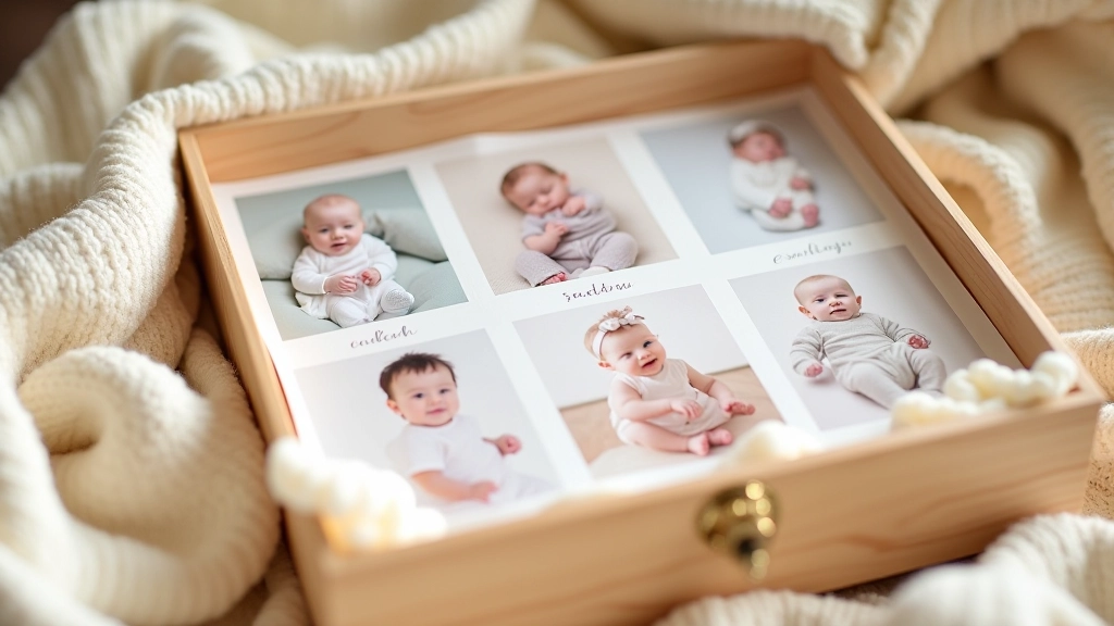 Printed milestone photos arranged in a keepsake box with soft fabrics and handmade elements