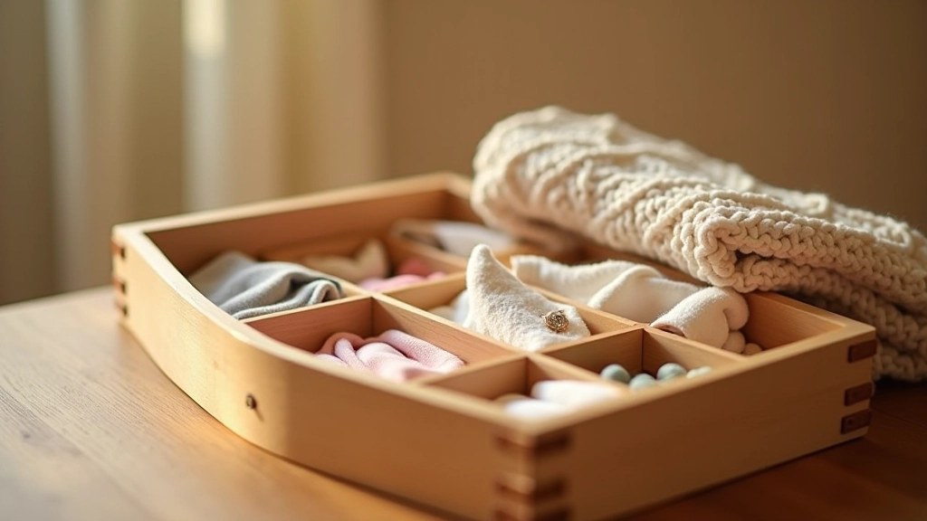 Wooden keepsake box with various storage compartments, filled with baby items like hospital band, first photo, and soft mementos